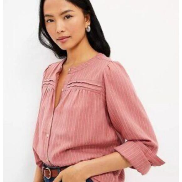 Loft Blouse Size M Pink Stripe Cotton Long Sleeve Button Front Top - Picture 1 of 8